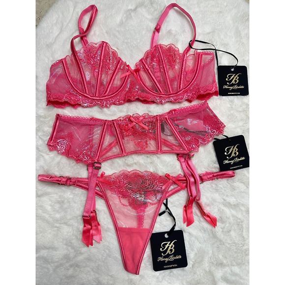 Honey Birdette NATALIE🩷 3 Piece Pink Lace Set Bra 32D, XS, XS